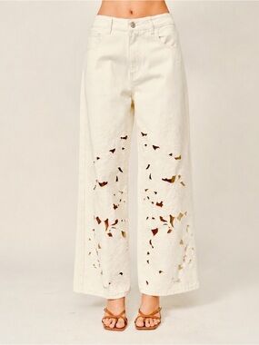 High-Rise Ivory Embroidery Cut-Out Wide-Leg Jeans - Women's